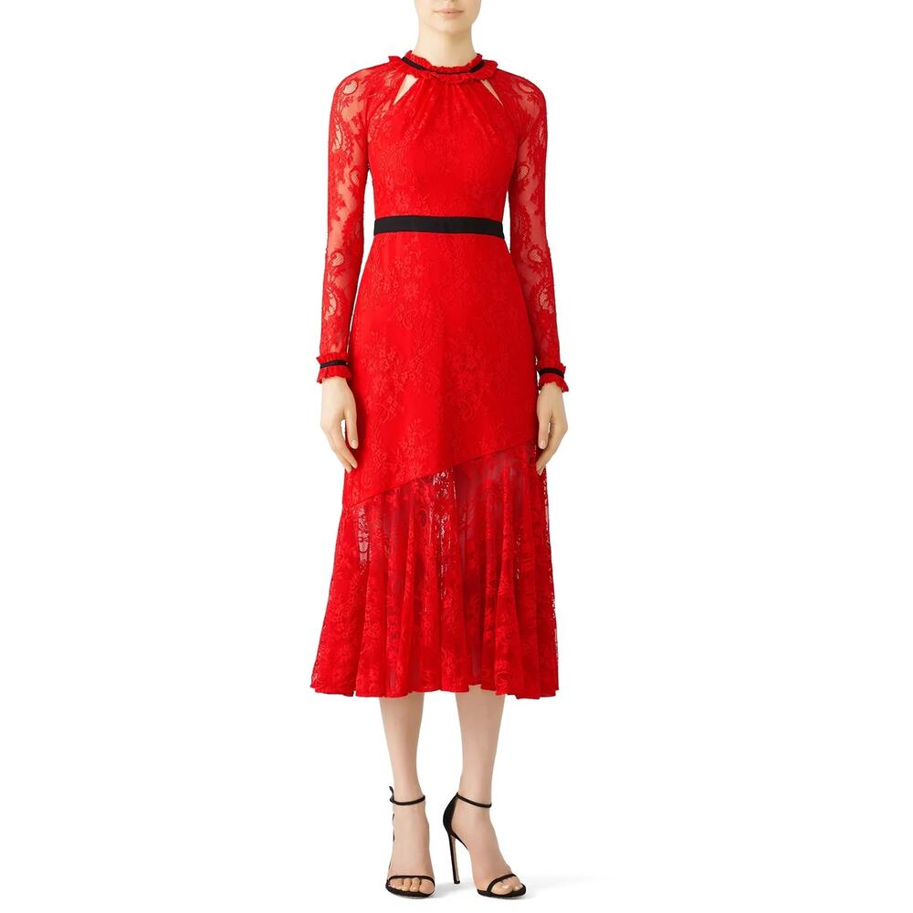 Three Floor Split Tease Cutout Long Sleeve‎ Lace Tea Length / Maxi Dress Red 2